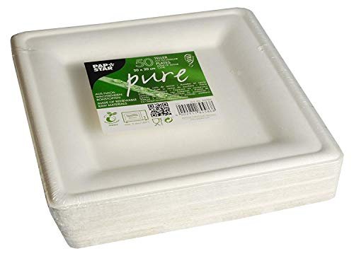Papstar Pappteller / Einwegteller weiß, eckig "pure" (50 Stück) aus Zuckerrohr, 20 x 20 cm, geeignet für festliche Anlässe wie Geburtstage & Feiern, biologisch abbaubares Einweggeschirr, #84586