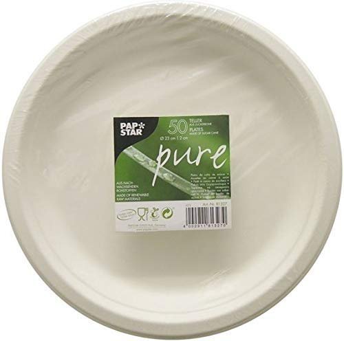 Papstar Pappteller / Einwegteller weiß "pure" (50 Stück) tief, rund Ø 23 cm, Randhöhe 2 cm, ungeteilt, aus Zuckerrohr, für Grillfest, Geburtstag oder Party, biologisch abbaubar, #81327