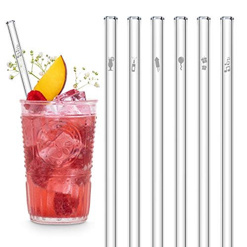 HALM Glas-Strohhalme - Birthday Party Edition - Besonderes Geschenk zum Geburtstag - 6 Stück gerade 20 cm mit Gravur - Wiederverwendbare Glas-Trinkhalme graviert - Glasstrohalme