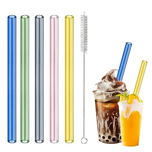 HXC 5 Stück Bunte Bubble Tea Strohhalme Glas 12MM Exra Dicke Strohhalme Glas Bubble Tea Strohhalme Wiederverwendbar Boba Tea Glasstrohhalme mit Reinigungsbürsten für Smoothie Säfte 21.5cm